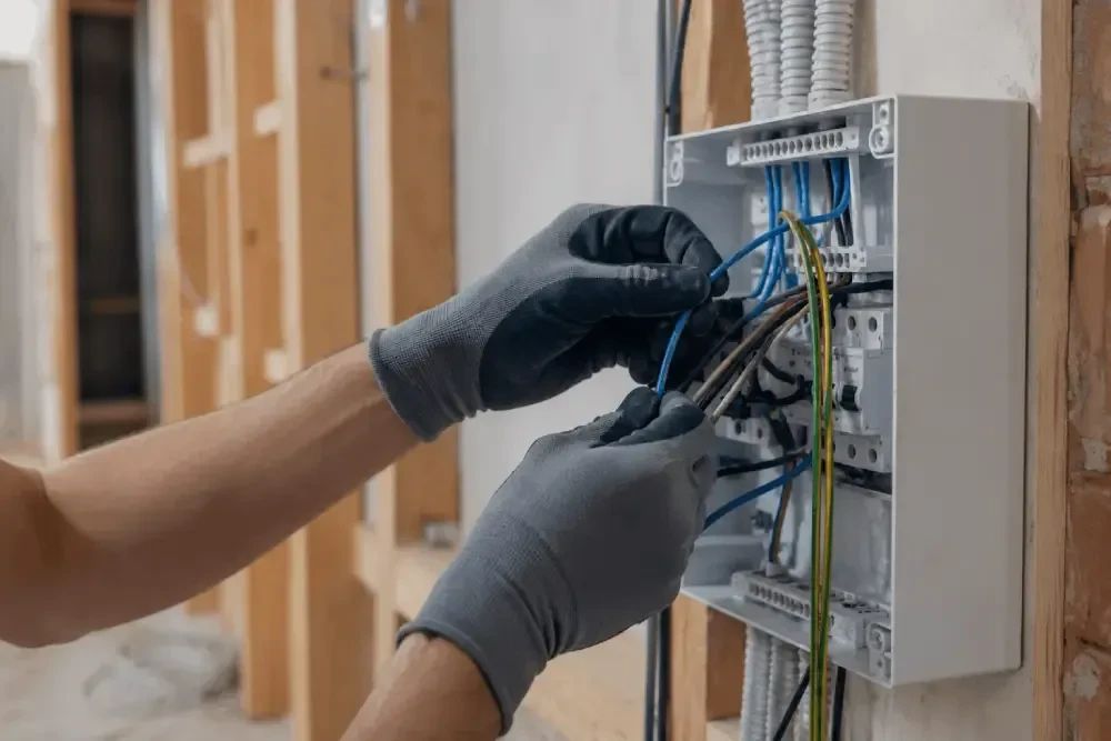 Elektriker tilslutter ledninger i en gruppetavle på en byggeplads